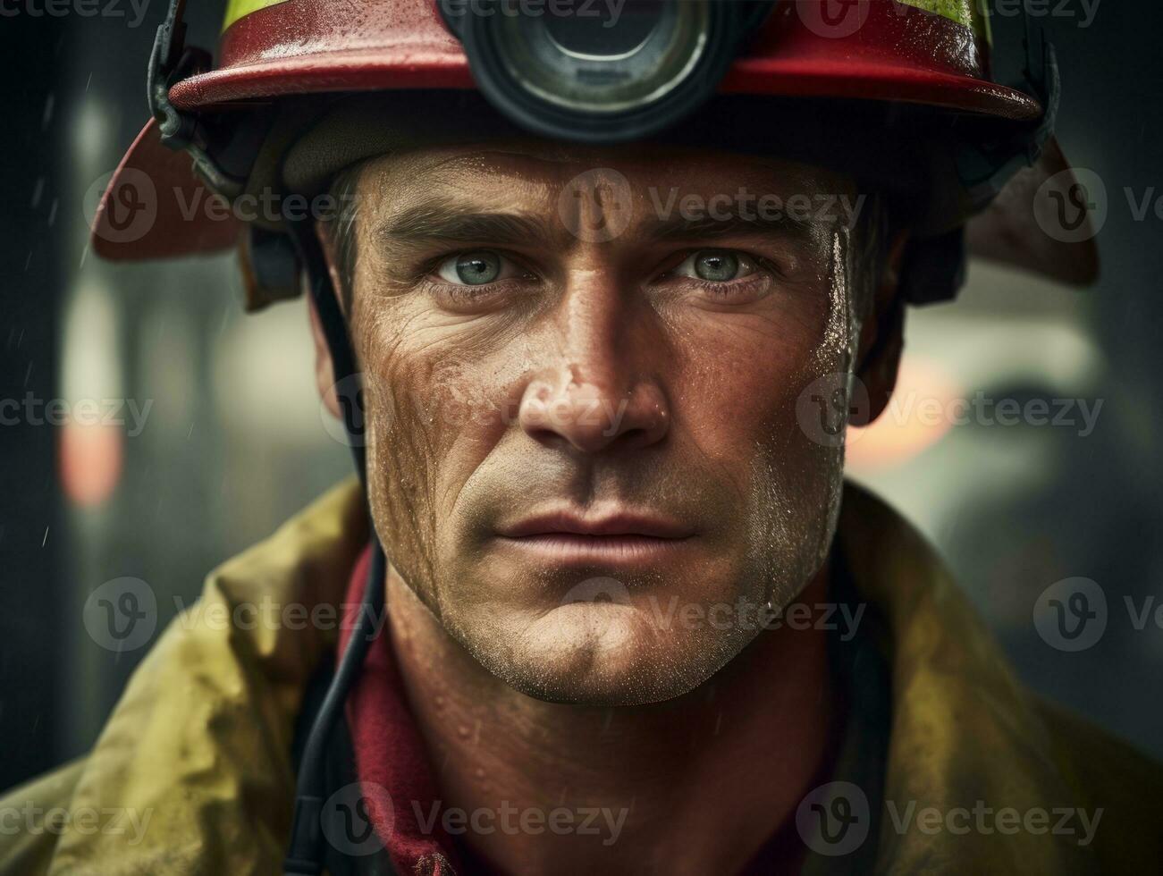 Courageous male firefighter fearlessly confronts the blazing inferno AI Generative photo