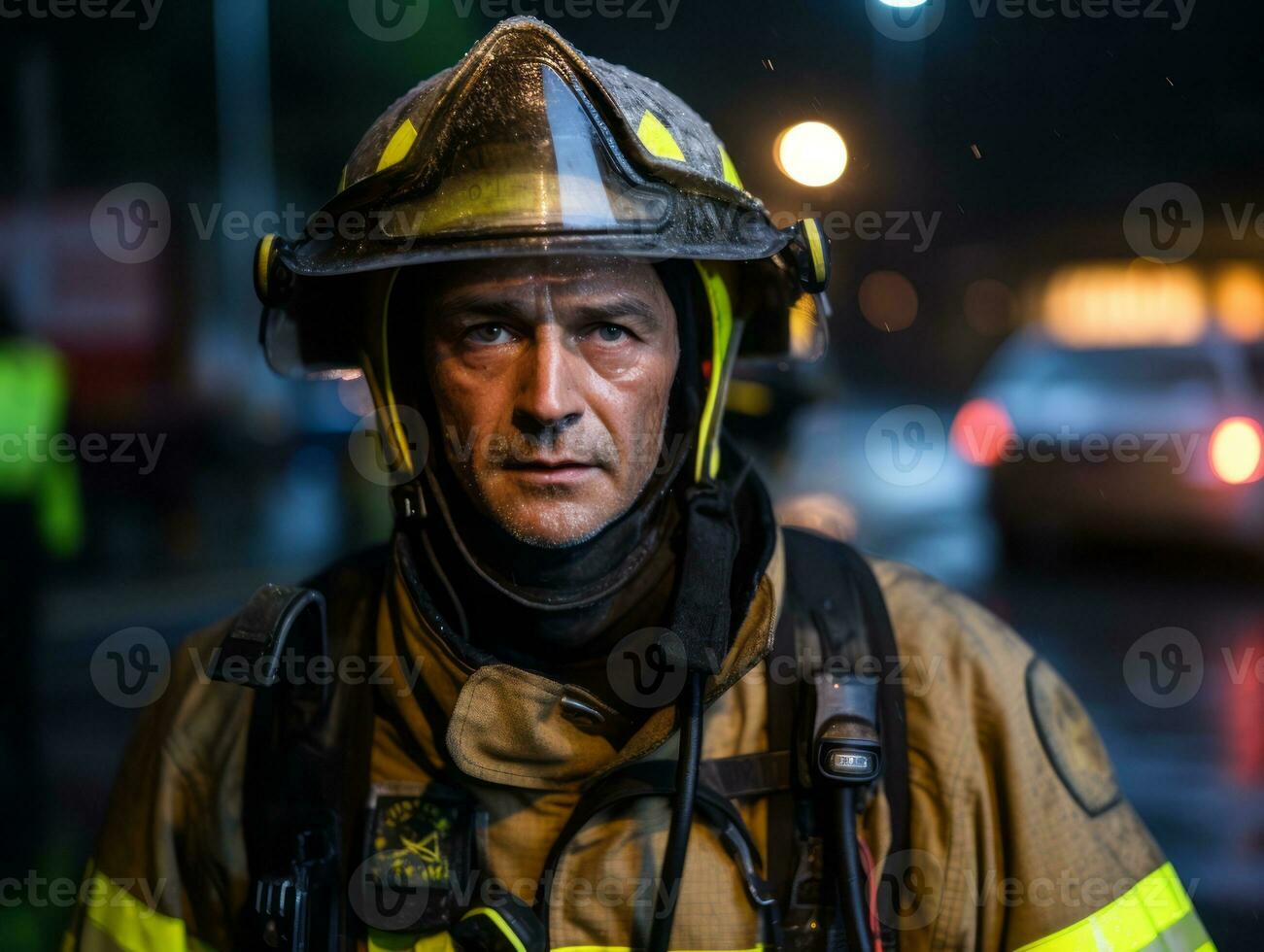 Courageous male firefighter fearlessly confronts the blazing inferno AI Generative photo
