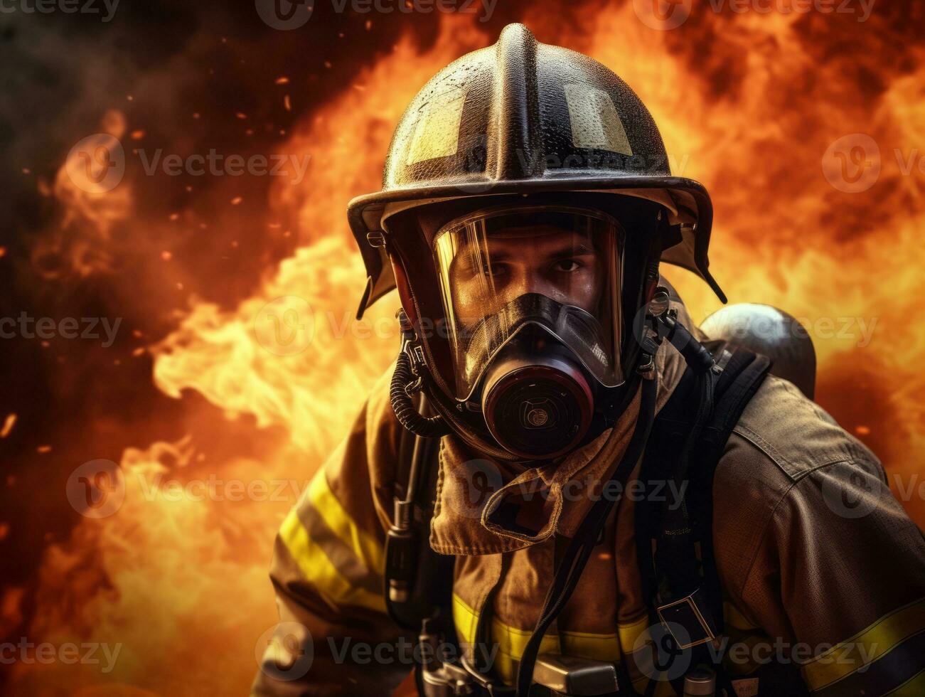 Courageous male firefighter fearlessly confronts the blazing inferno AI Generative photo