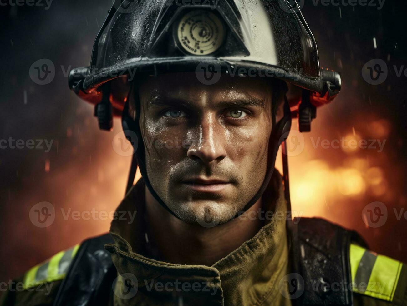 Courageous male firefighter fearlessly confronts the blazing inferno AI Generative photo