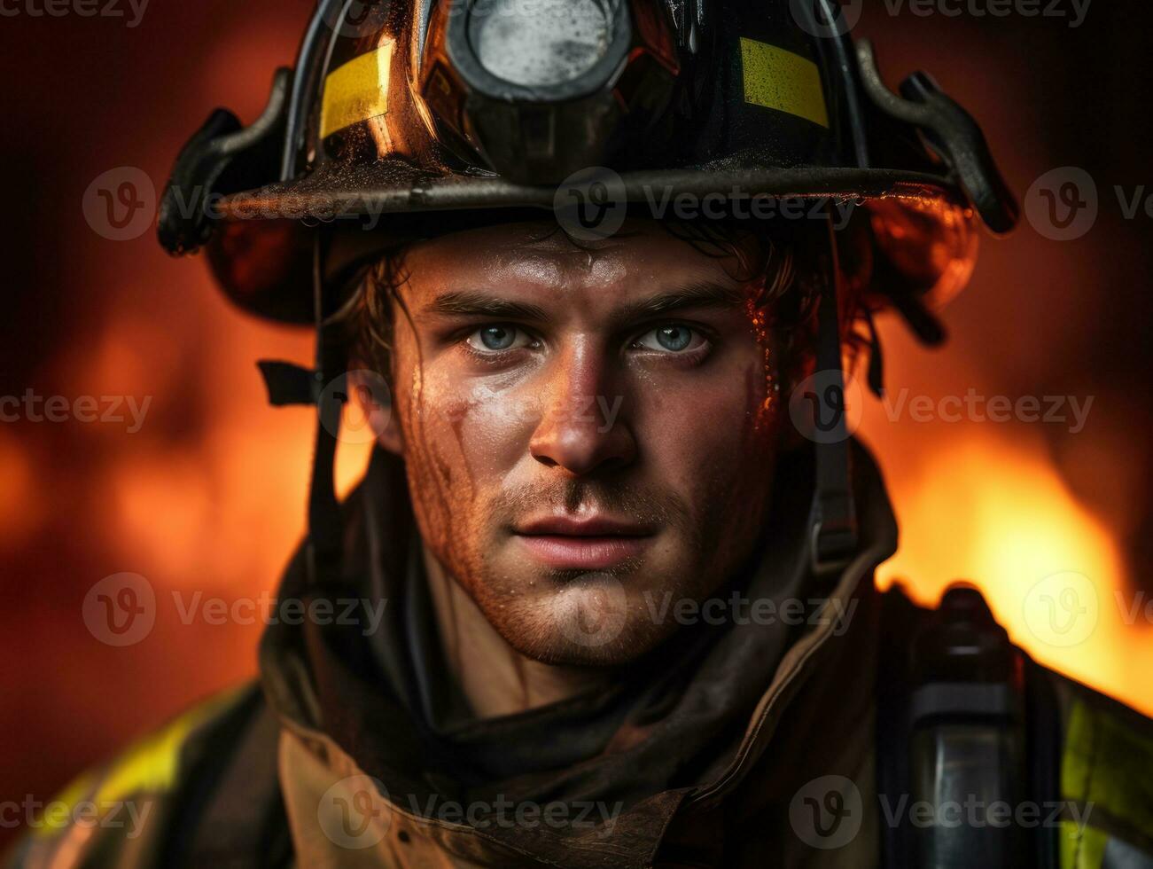 Courageous male firefighter fearlessly confronts the blazing inferno AI Generative photo