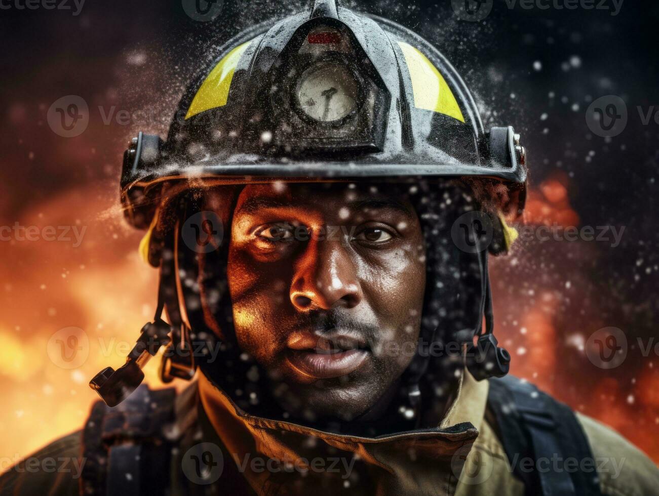 Courageous male firefighter fearlessly confronts the blazing inferno AI Generative photo