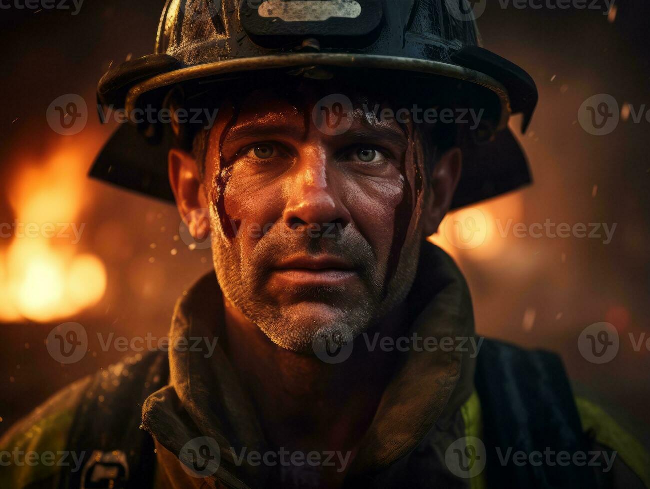 Courageous male firefighter fearlessly confronts the blazing inferno AI Generative photo