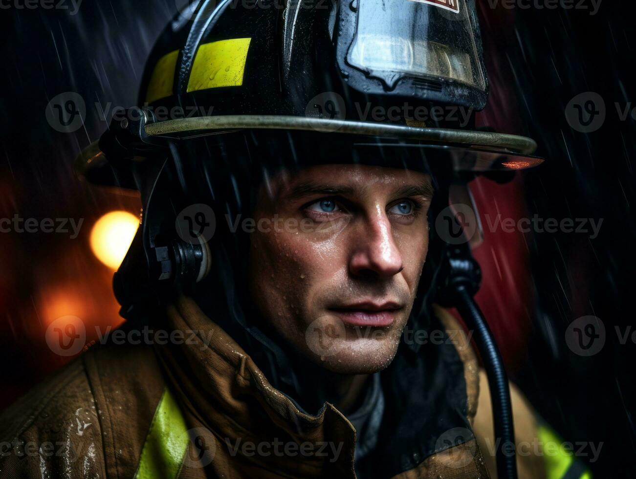 Courageous male firefighter fearlessly confronts the blazing inferno AI Generative photo