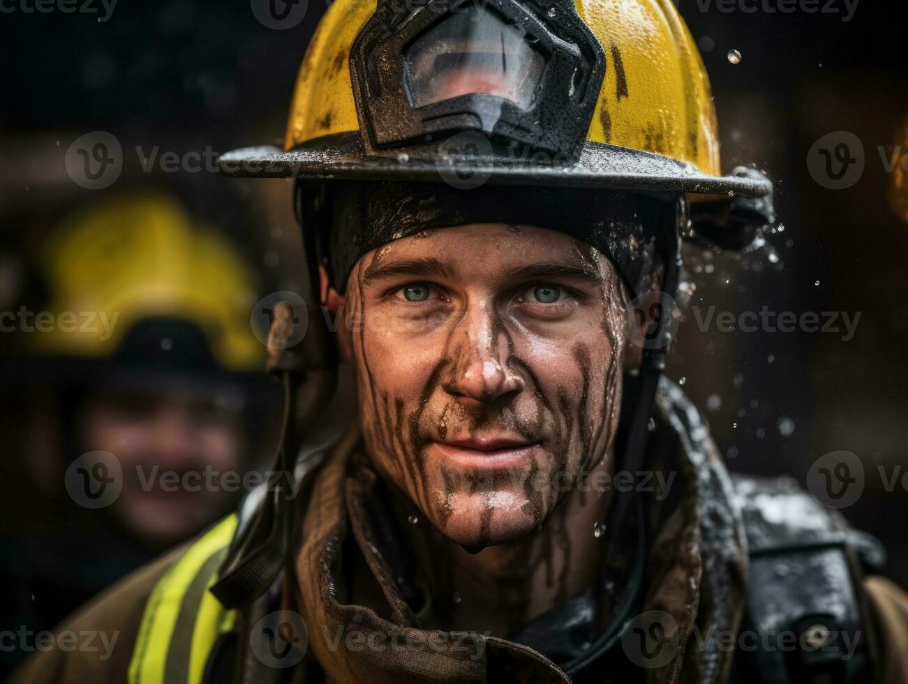 Courageous male firefighter fearlessly confronts the blazing inferno AI Generative photo