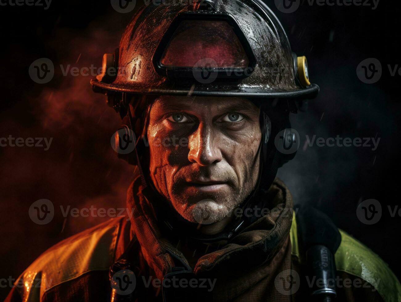 Courageous male firefighter fearlessly confronts the blazing inferno AI Generative photo