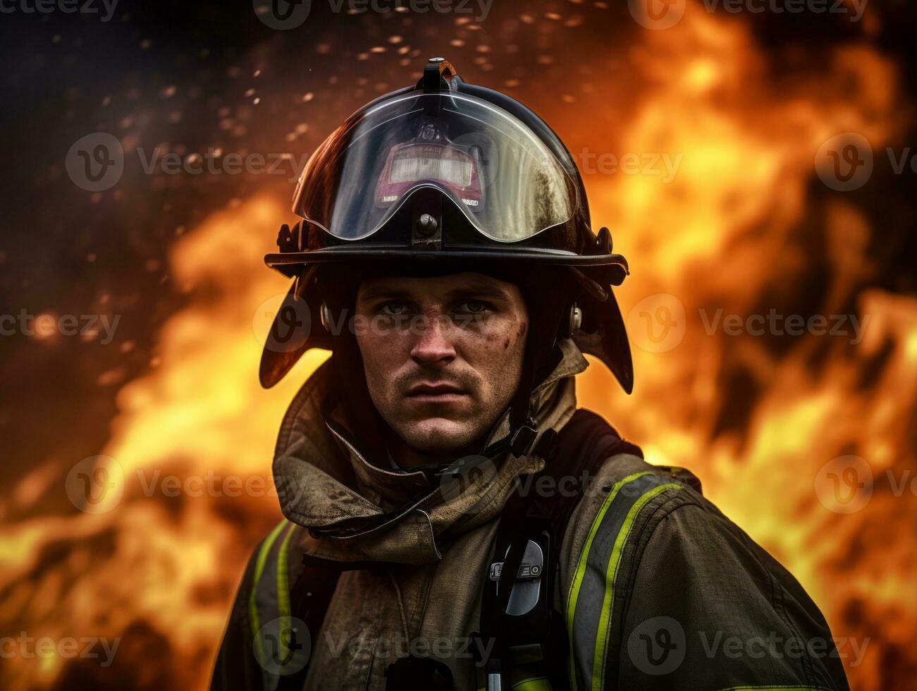 Courageous male firefighter fearlessly confronts the blazing inferno AI Generative photo