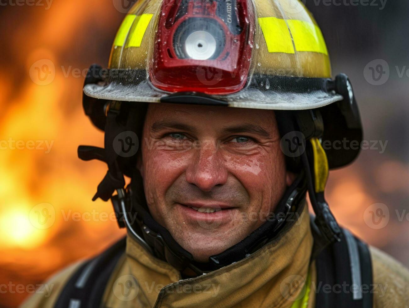 Courageous male firefighter fearlessly confronts the blazing inferno AI Generative photo