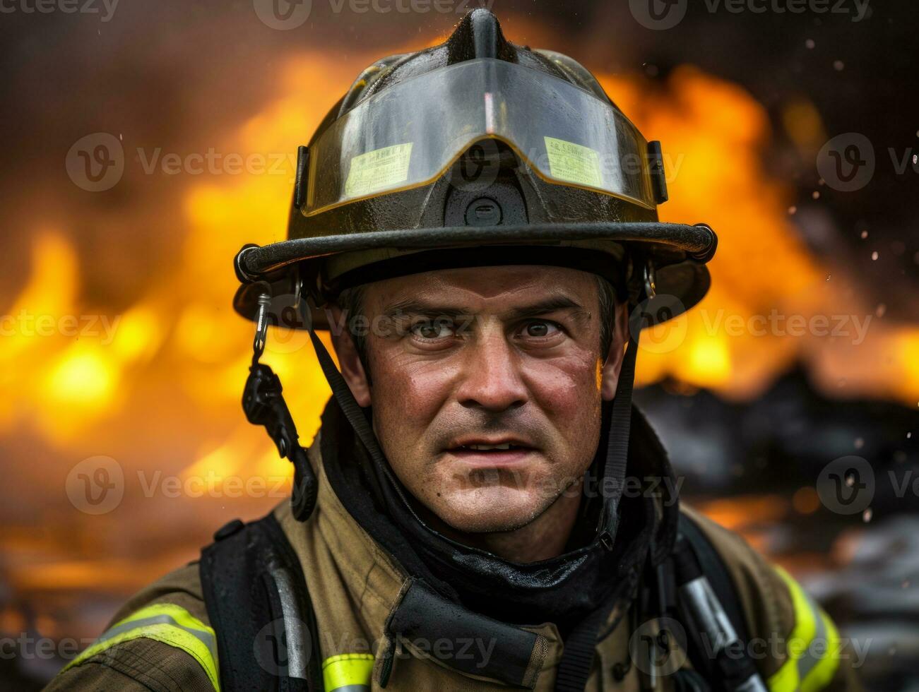 Courageous male firefighter fearlessly confronts the blazing inferno AI Generative photo