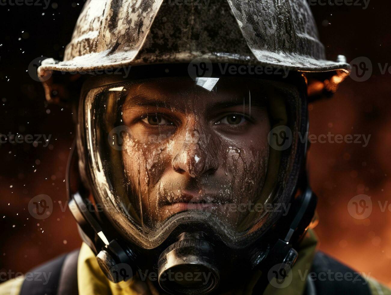 Courageous male firefighter fearlessly confronts the blazing inferno AI Generative photo