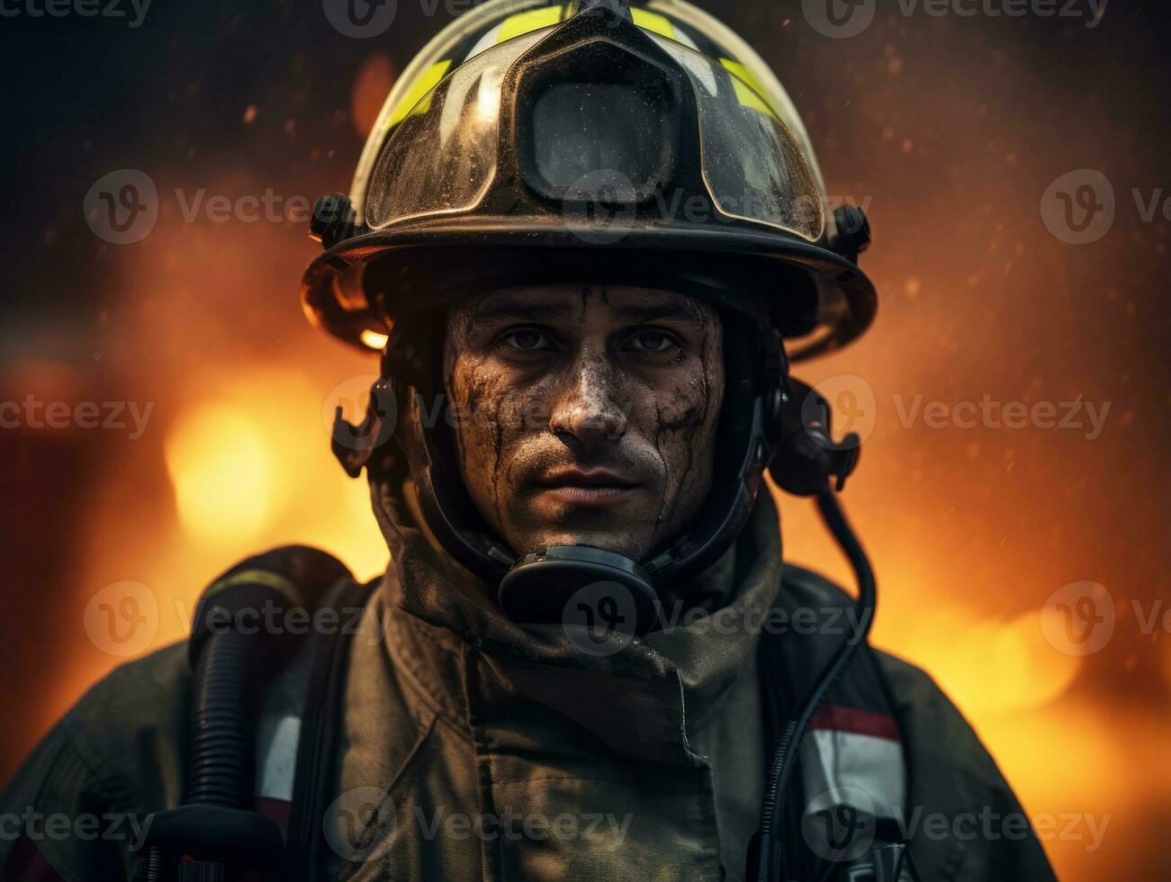 Courageous male firefighter fearlessly confronts the blazing inferno AI Generative photo