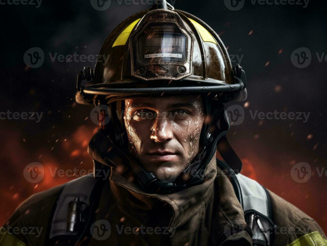 Courageous male firefighter fearlessly confronts the blazing inferno AI Generative photo