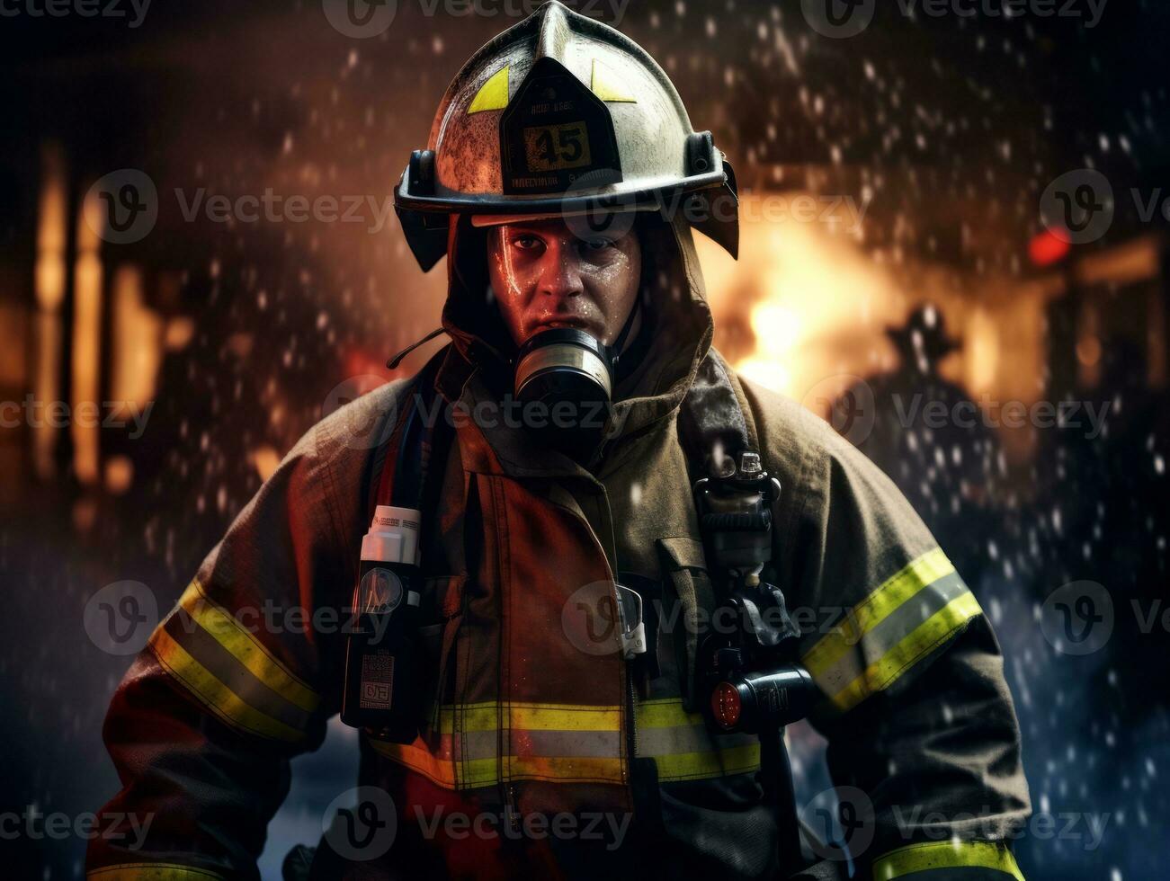 Courageous male firefighter fearlessly confronts the blazing inferno AI Generative photo