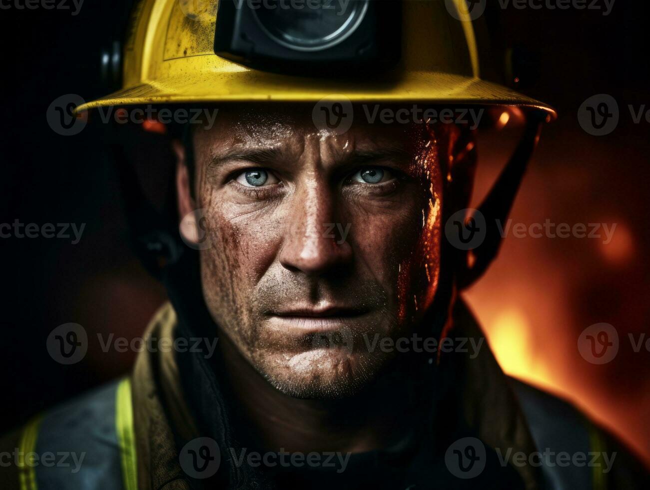 Courageous male firefighter fearlessly confronts the blazing inferno AI Generative photo