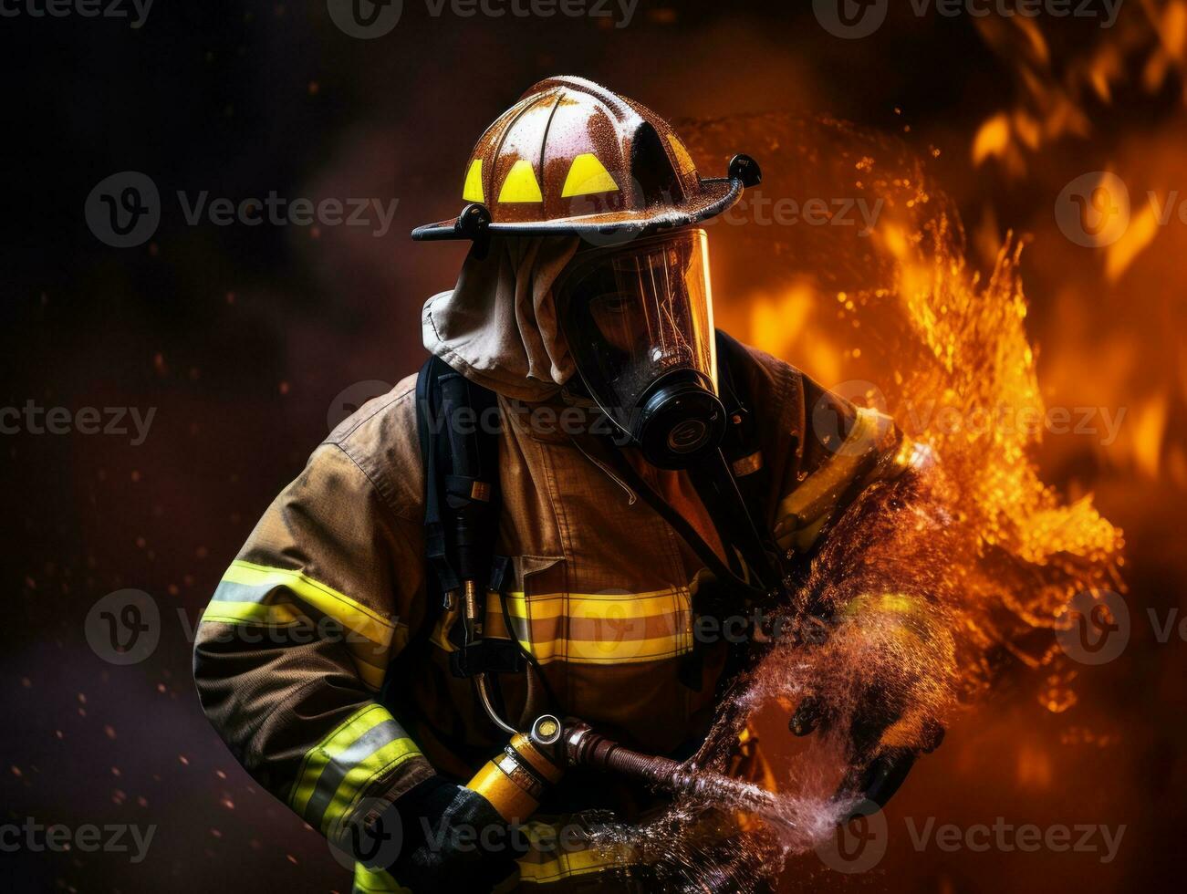 Courageous male firefighter fearlessly confronts the blazing inferno AI Generative photo