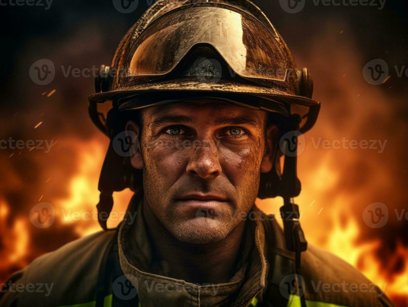 Courageous male firefighter fearlessly confronts the blazing inferno AI Generative photo