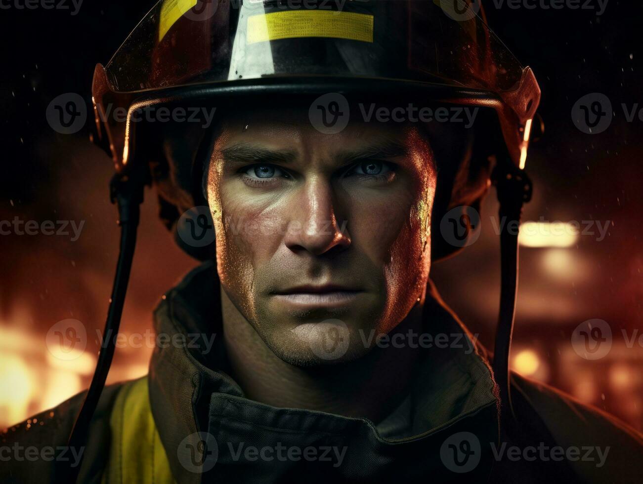 Courageous male firefighter fearlessly confronts the blazing inferno AI Generative photo
