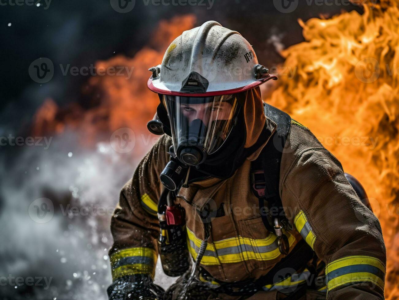 Courageous male firefighter fearlessly confronts the blazing inferno AI Generative photo