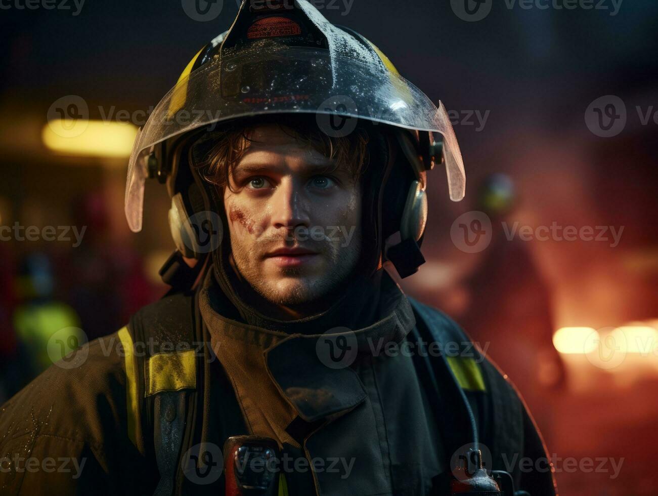 Courageous male firefighter fearlessly confronts the blazing inferno AI Generative photo