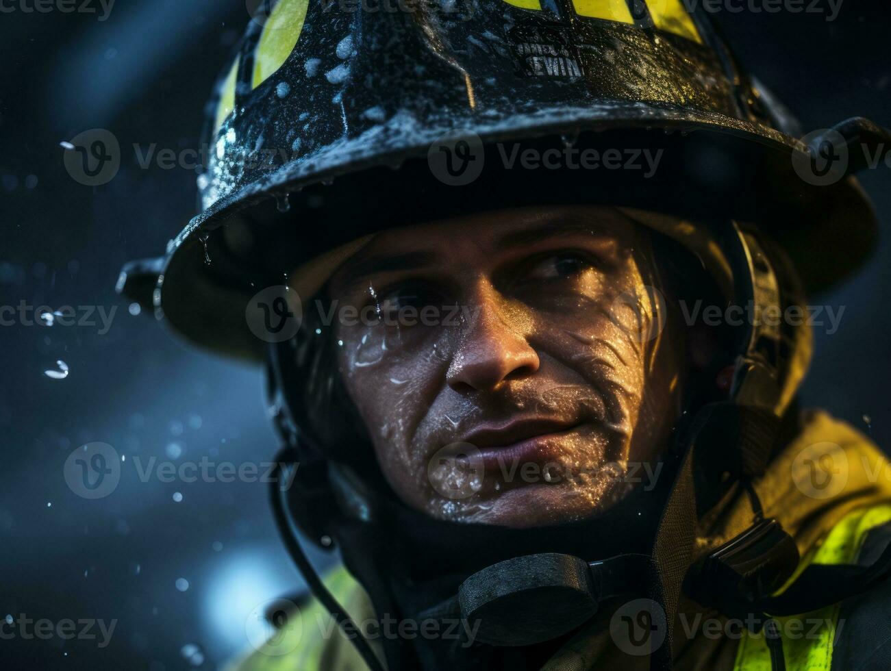 Courageous male firefighter fearlessly confronts the blazing inferno AI Generative photo