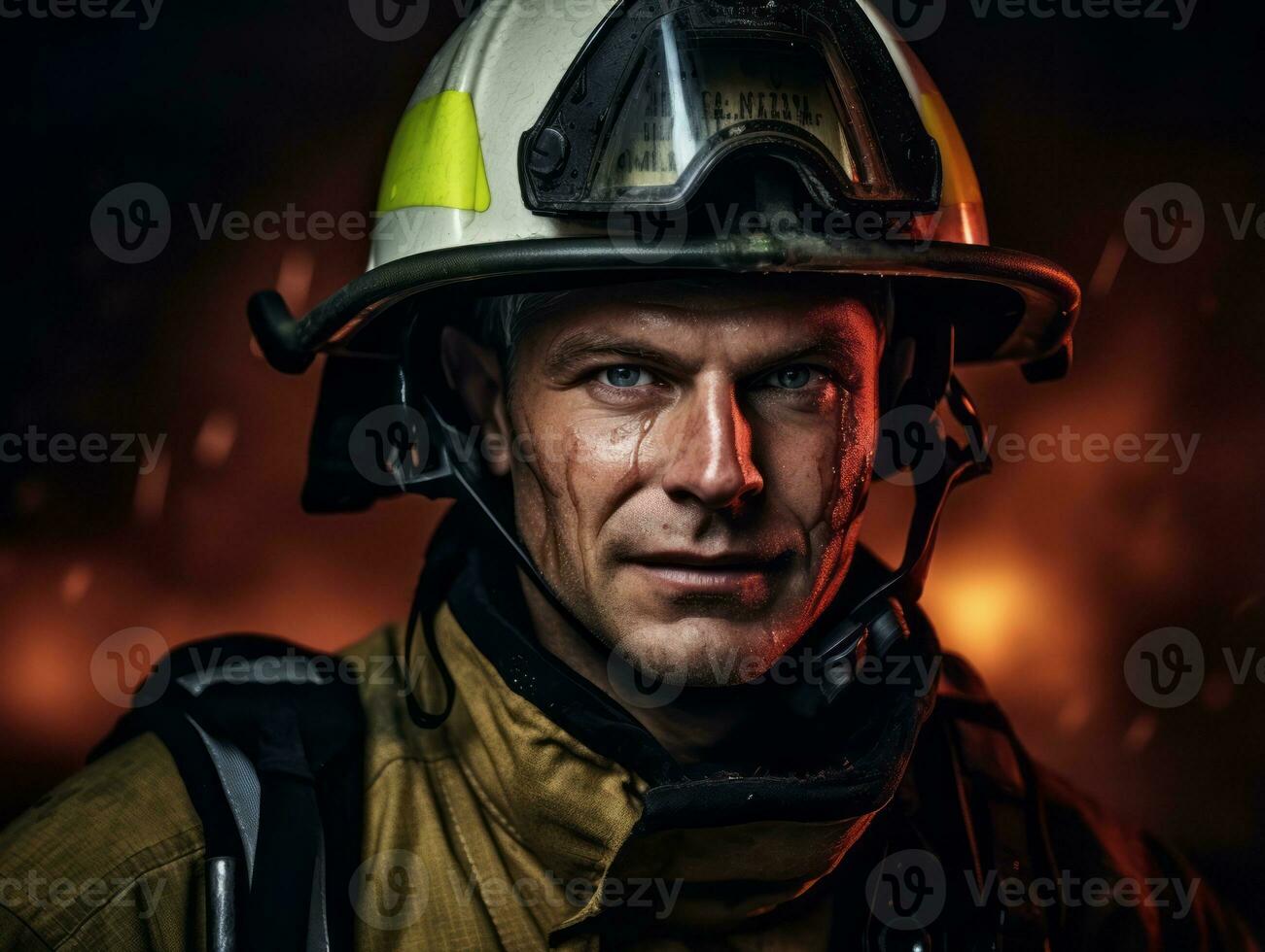 Courageous male firefighter fearlessly confronts the blazing inferno AI Generative photo