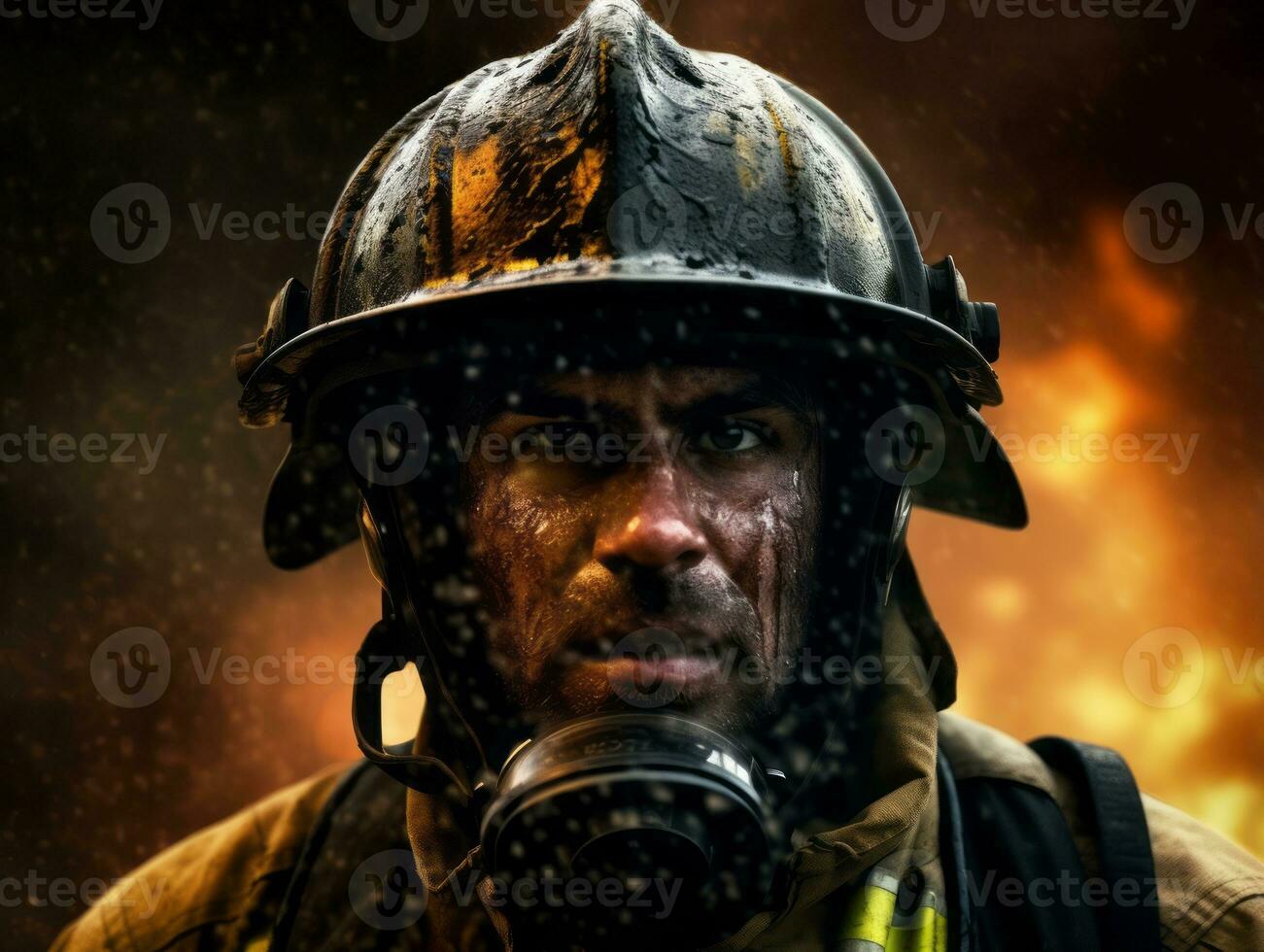 Courageous male firefighter fearlessly confronts the blazing inferno AI Generative photo