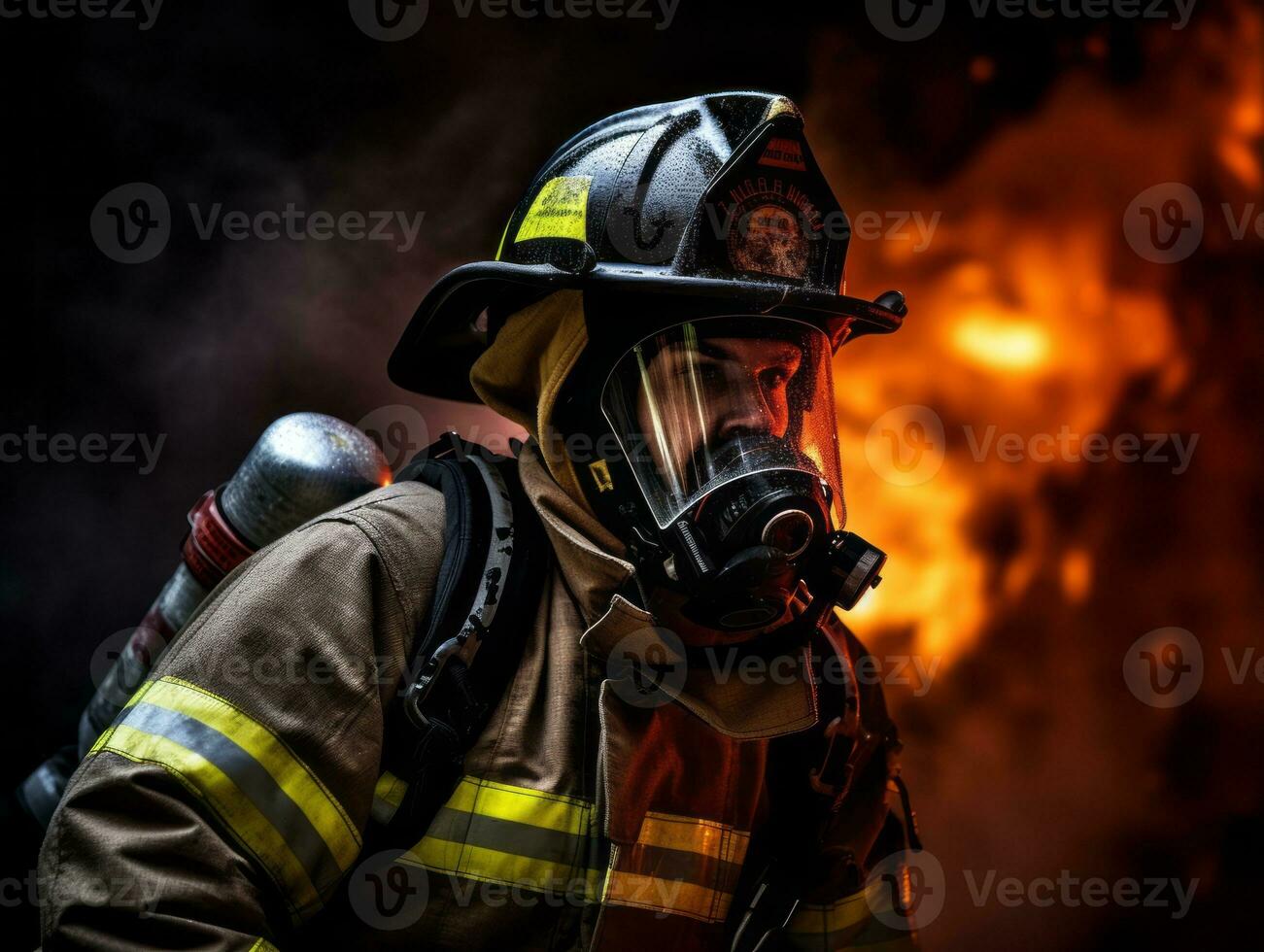 Courageous male firefighter fearlessly confronts the blazing inferno AI Generative photo