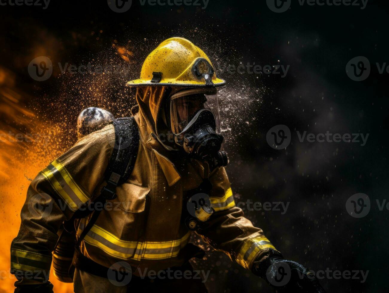 Courageous male firefighter fearlessly confronts the blazing inferno AI Generative photo