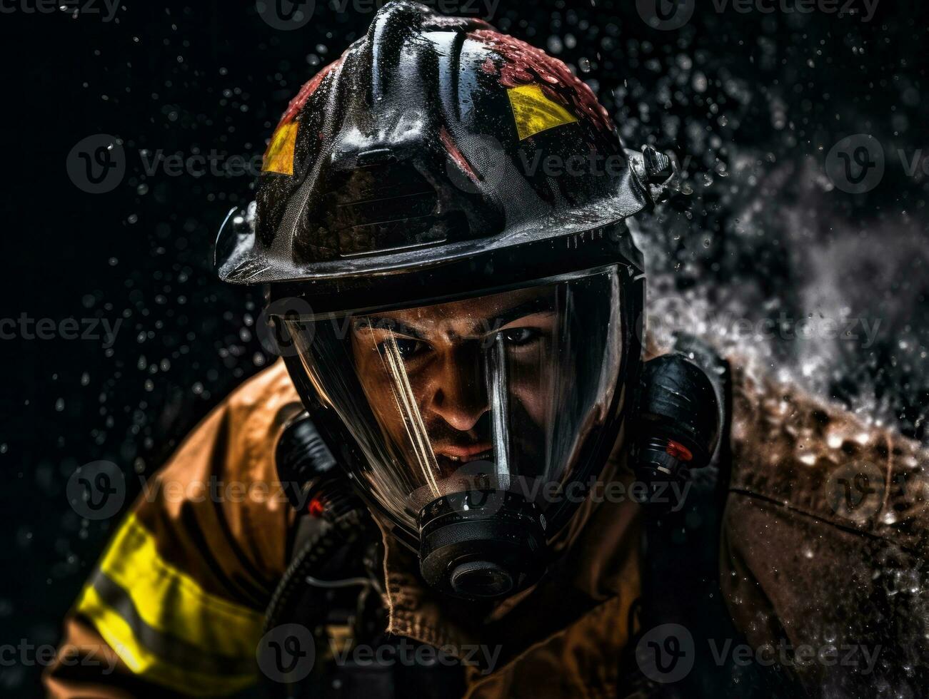 Courageous male firefighter fearlessly confronts the blazing inferno AI Generative photo