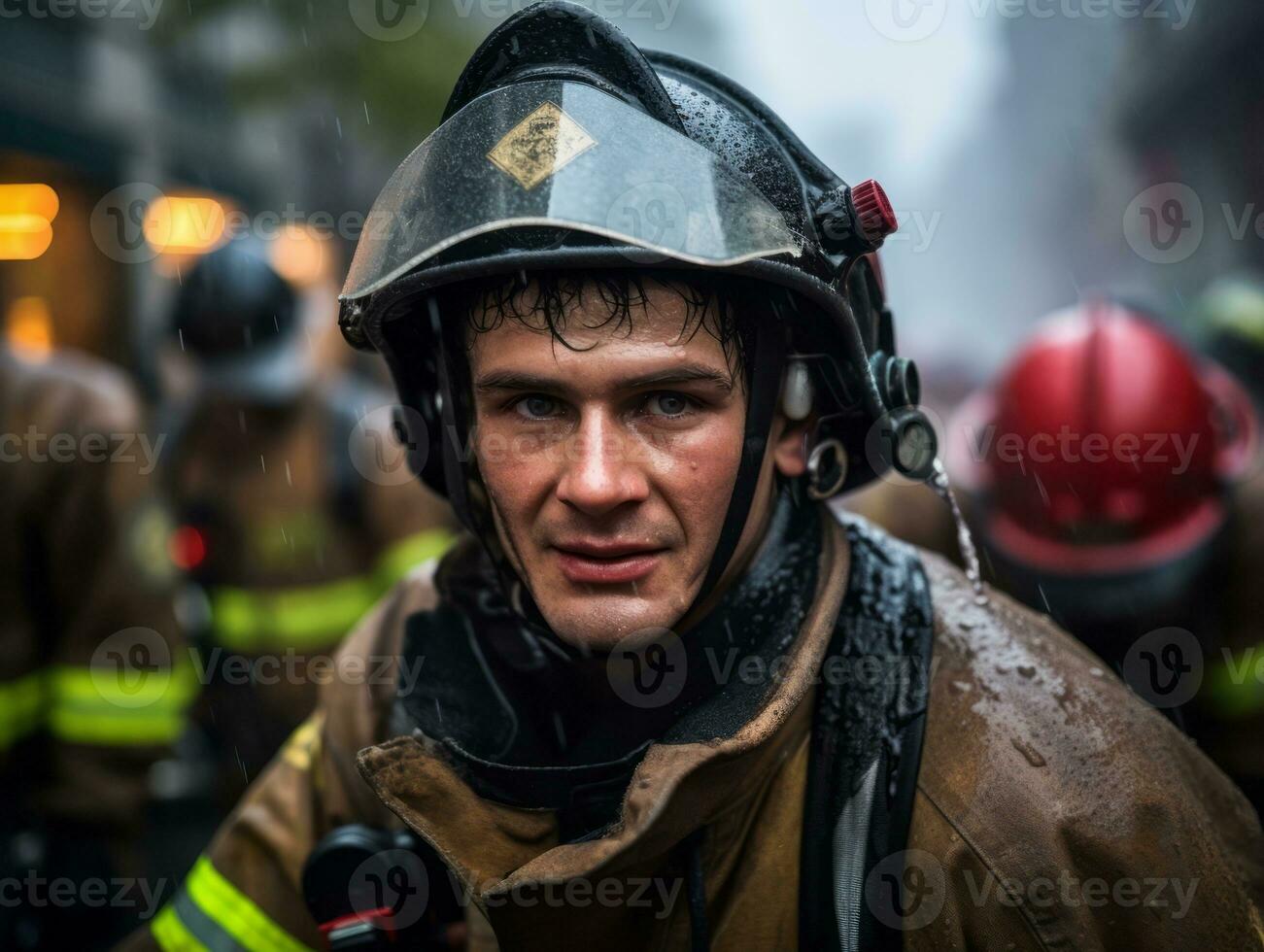 Courageous male firefighter fearlessly confronts the blazing inferno AI Generative photo