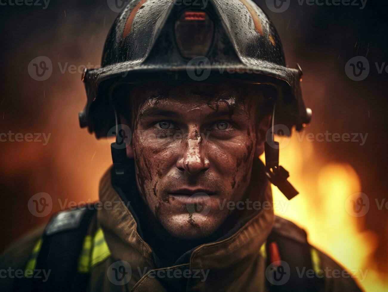 Courageous male firefighter fearlessly confronts the blazing inferno AI Generative photo