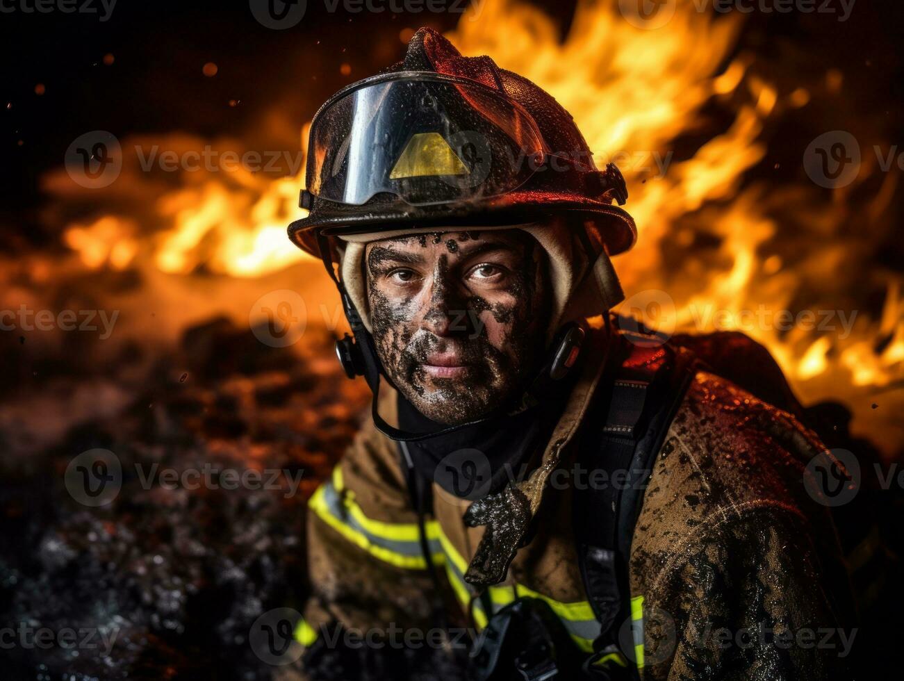 Courageous male firefighter fearlessly confronts the blazing inferno AI Generative photo