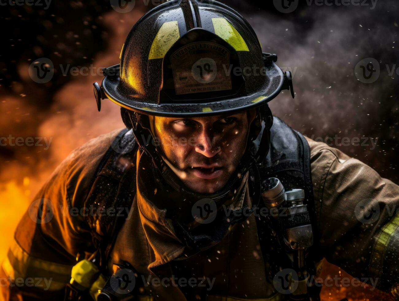 Courageous male firefighter fearlessly confronts the blazing inferno AI Generative photo
