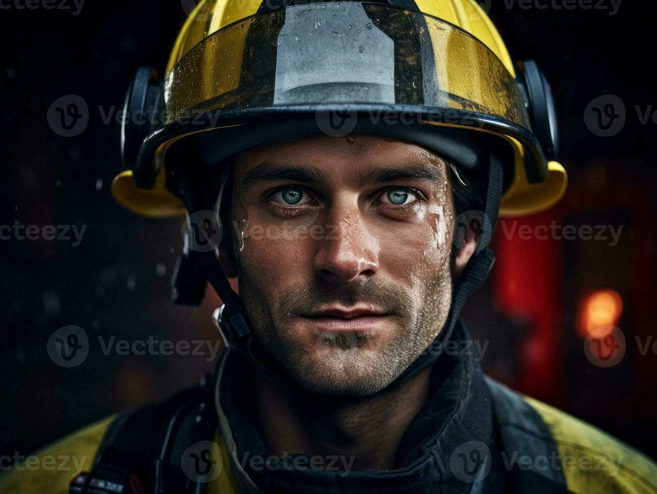 Courageous male firefighter fearlessly confronts the blazing inferno AI Generative photo