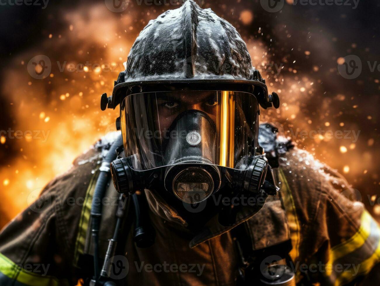 Courageous male firefighter fearlessly confronts the blazing inferno AI Generative photo
