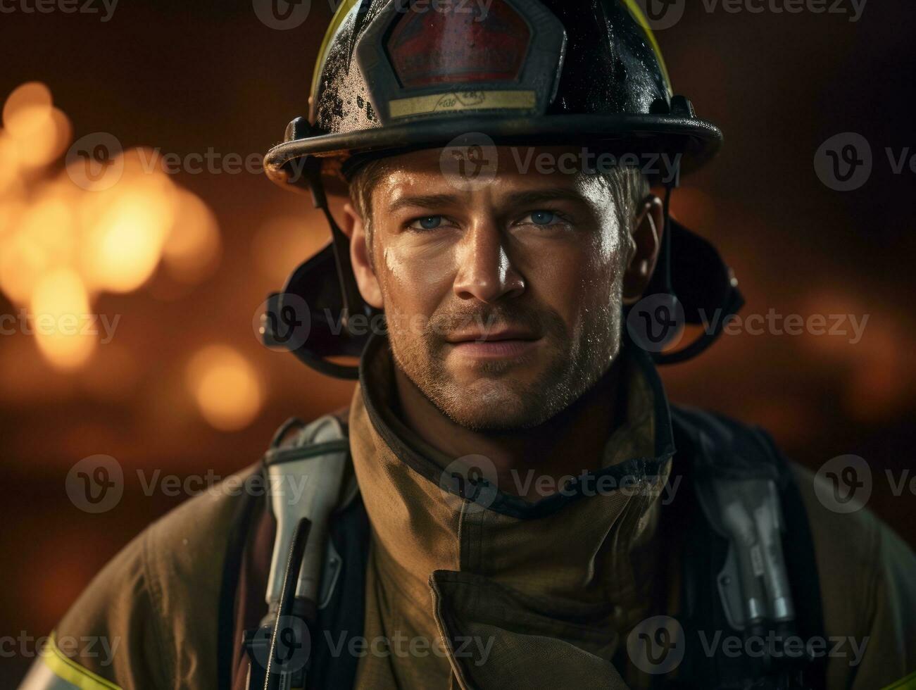 valiente masculino bombero sin miedo confronta el flameante infierno ai generativo foto