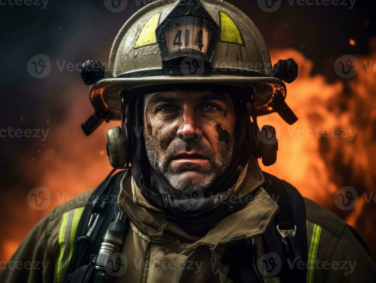 Courageous male firefighter fearlessly confronts the blazing inferno AI Generative photo