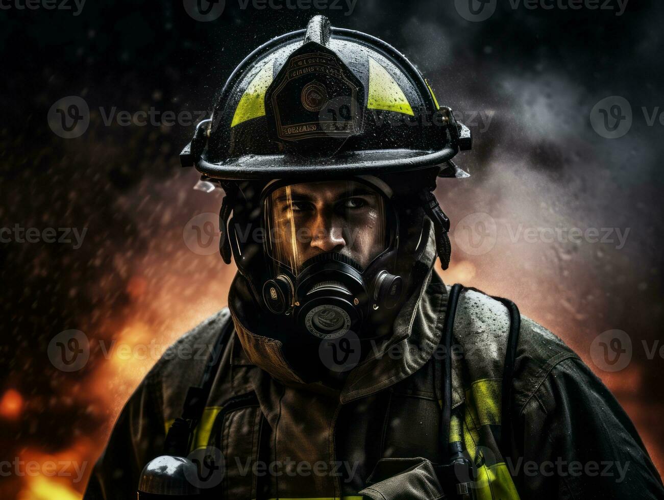 Courageous male firefighter fearlessly confronts the blazing inferno AI Generative photo