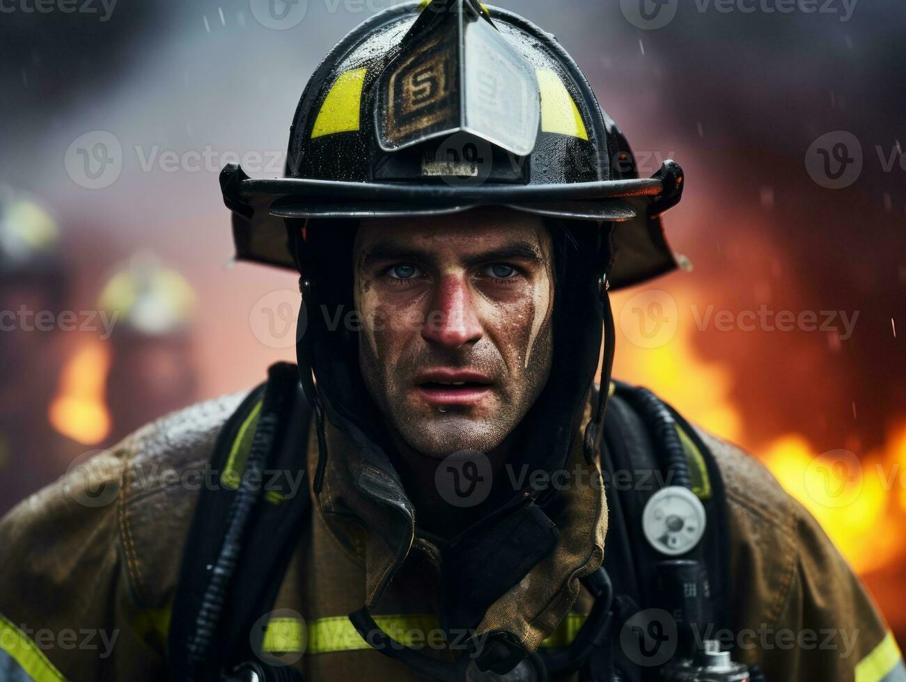 Courageous male firefighter fearlessly confronts the blazing inferno AI Generative photo