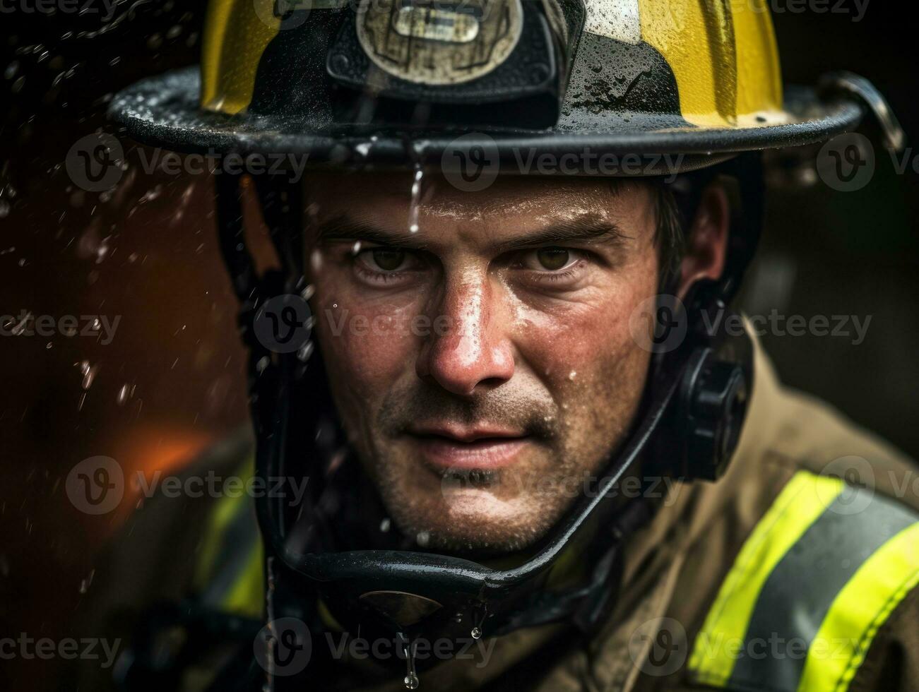 Courageous male firefighter fearlessly confronts the blazing inferno AI Generative photo