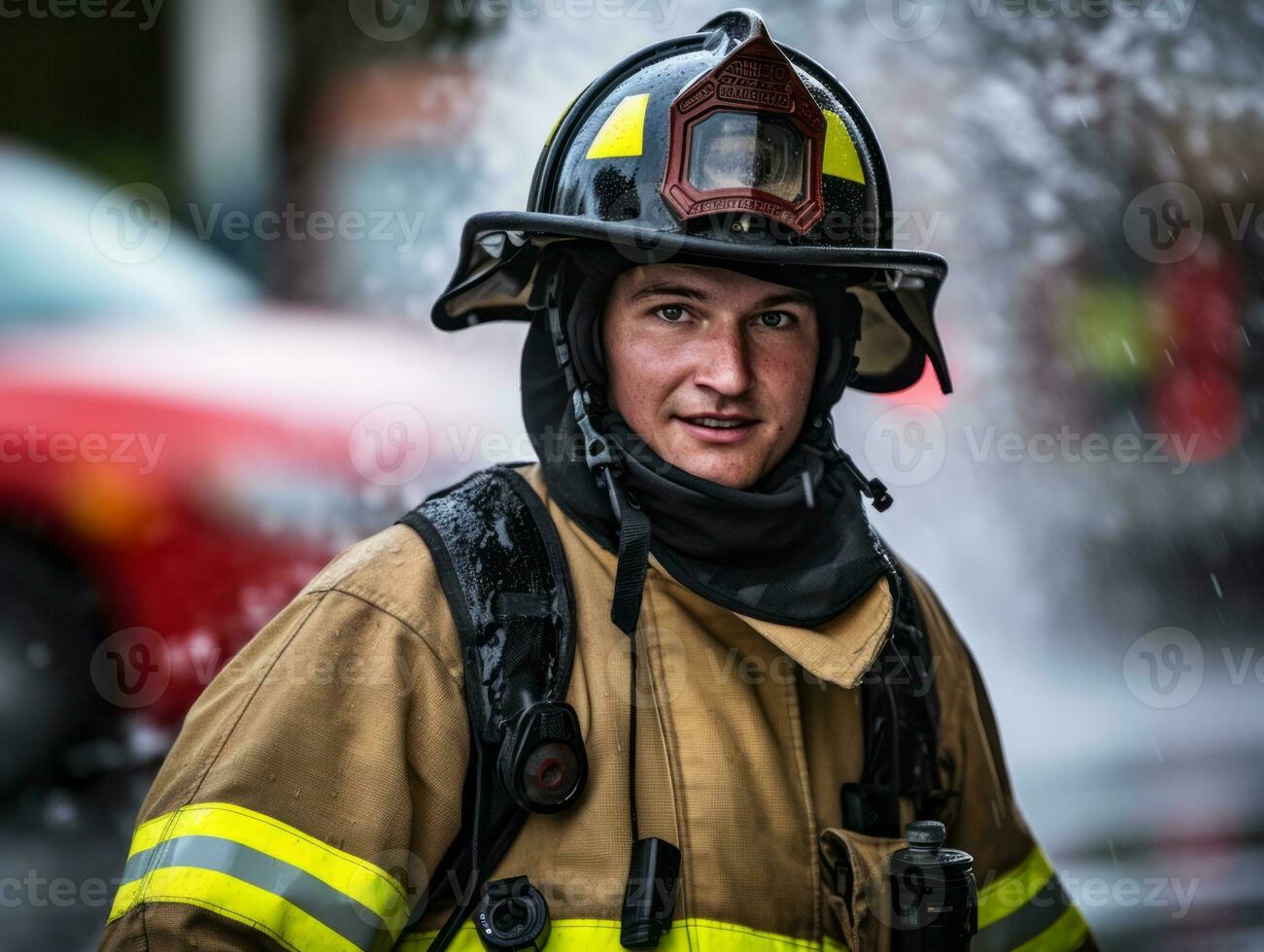 Courageous male firefighter fearlessly confronts the blazing inferno AI Generative photo