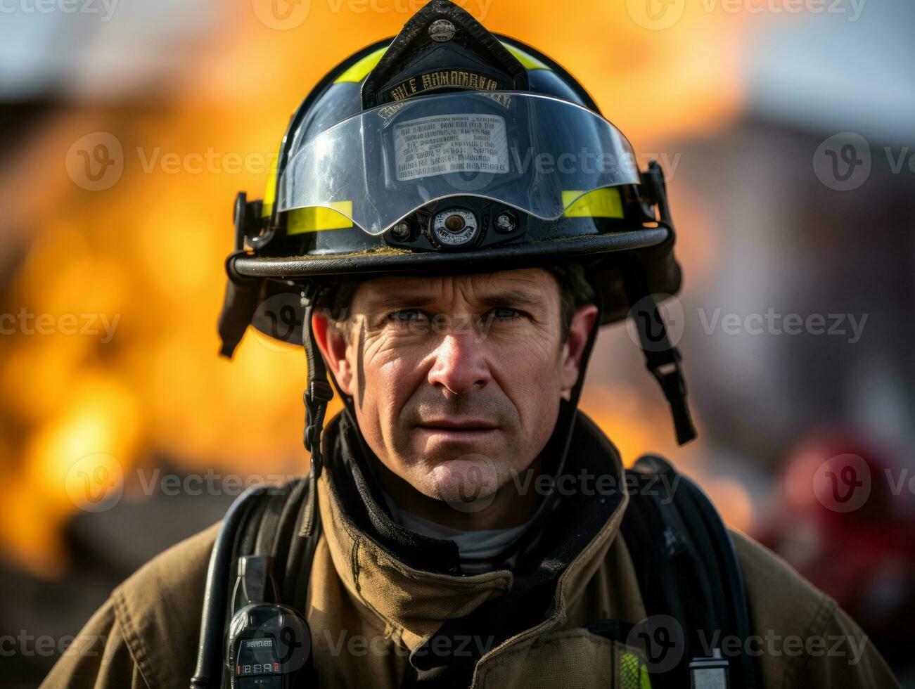 Courageous male firefighter fearlessly confronts the blazing inferno AI Generative photo