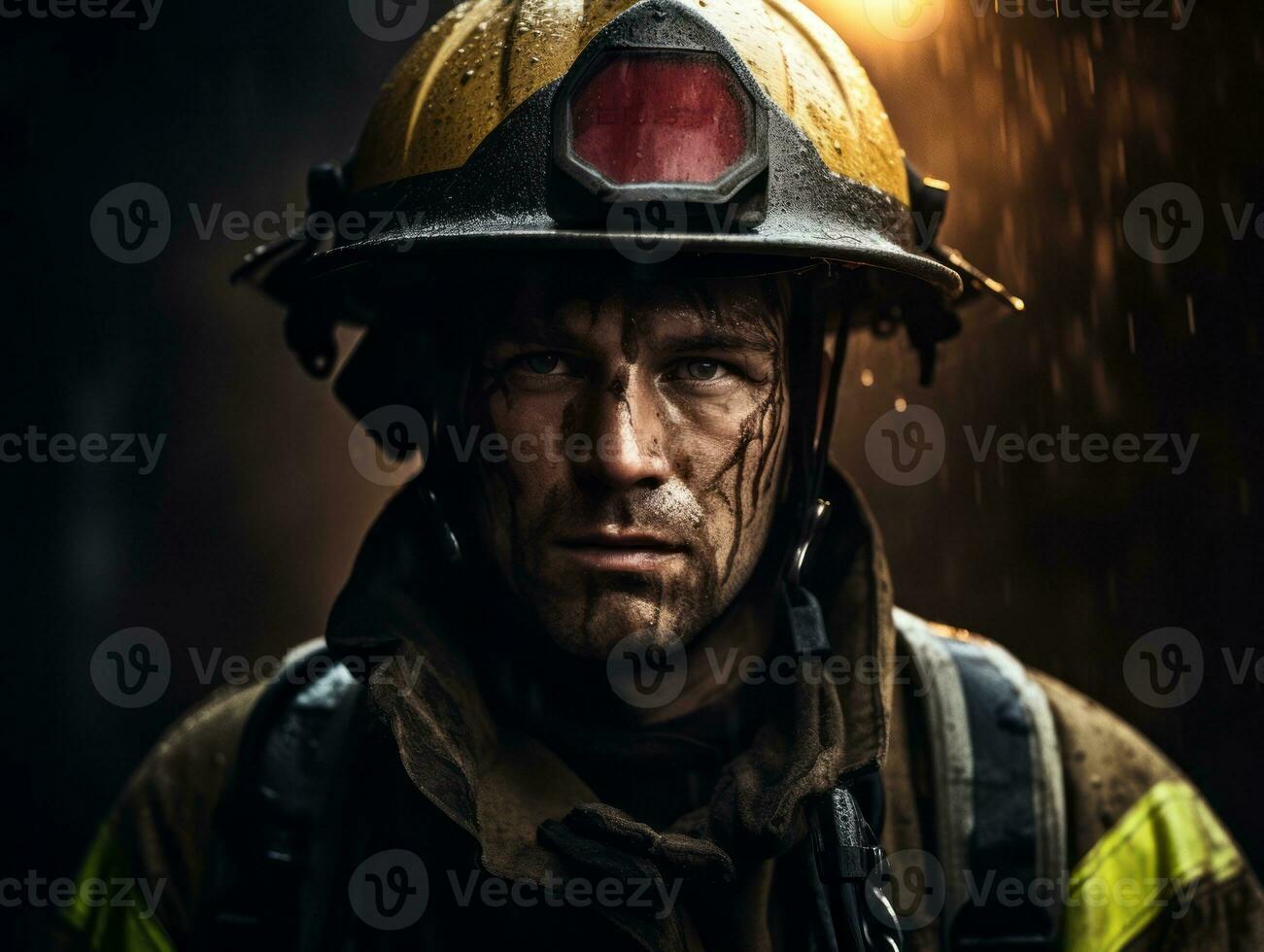Courageous male firefighter fearlessly confronts the blazing inferno AI Generative photo