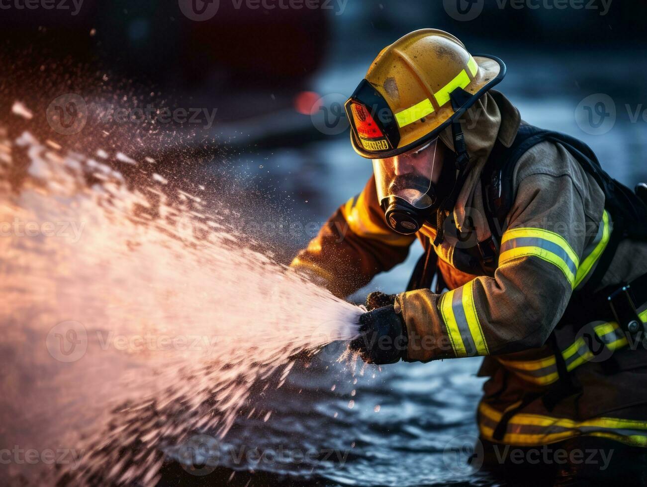 Courageous male firefighter fearlessly confronts the blazing inferno AI Generative photo