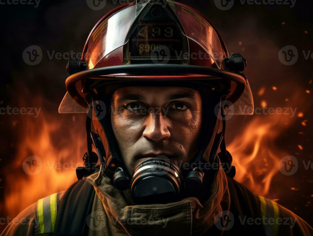 Courageous male firefighter fearlessly confronts the blazing inferno AI Generative photo