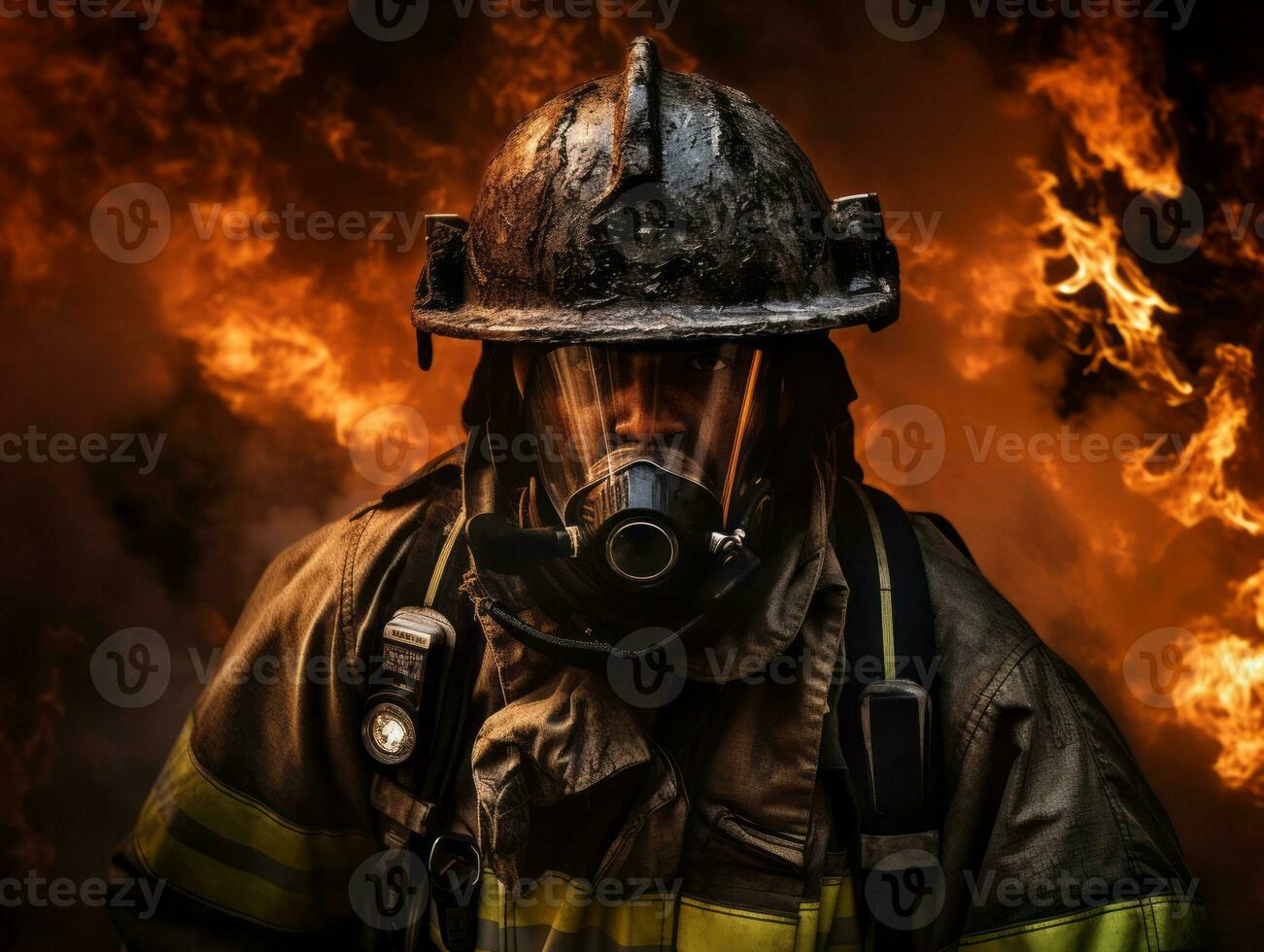 Courageous male firefighter fearlessly confronts the blazing inferno AI Generative photo
