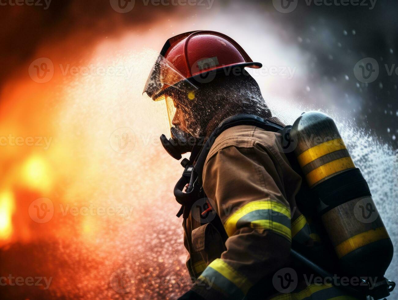 Courageous male firefighter fearlessly confronts the blazing inferno AI Generative photo