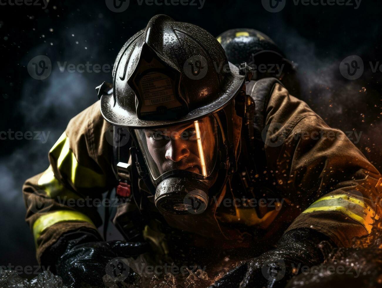 Courageous male firefighter fearlessly confronts the blazing inferno AI Generative photo