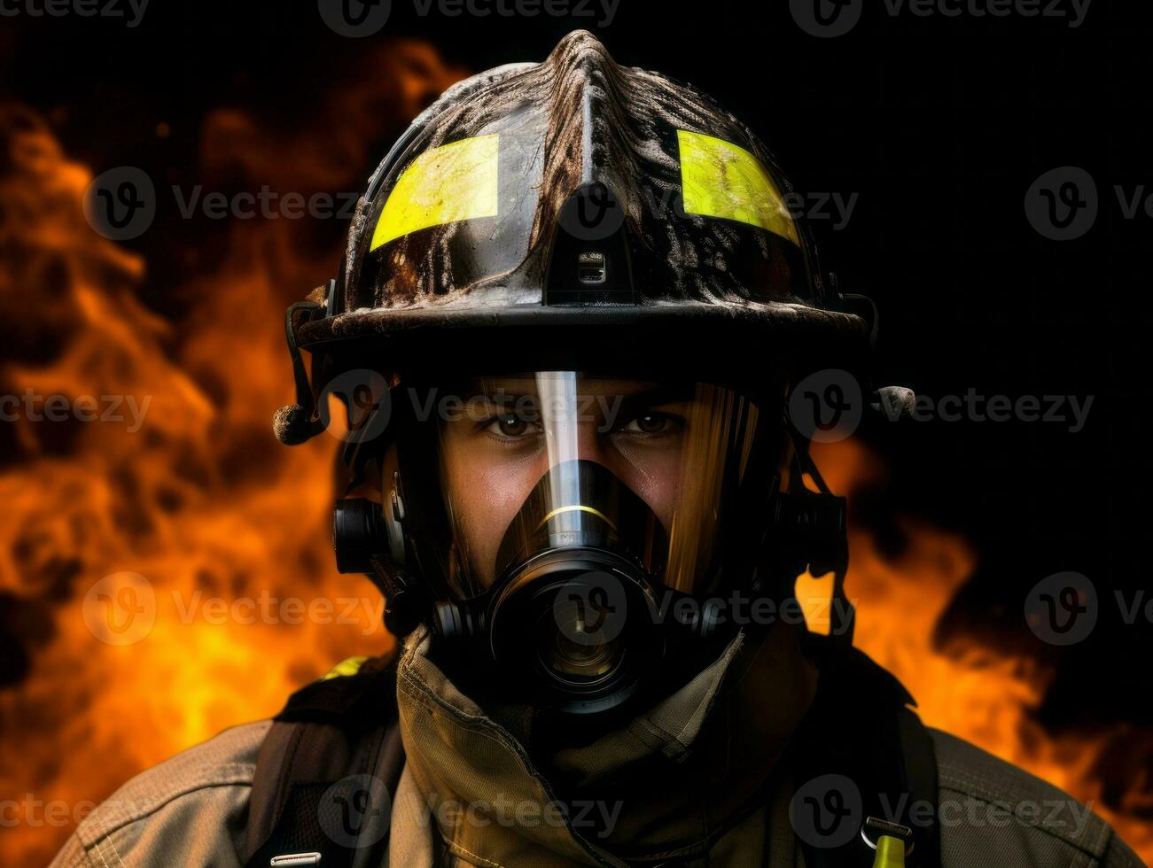 Courageous male firefighter fearlessly confronts the blazing inferno AI Generative photo