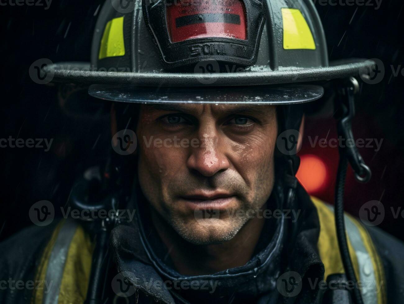 Courageous male firefighter fearlessly confronts the blazing inferno AI Generative photo